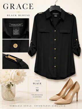 Grace Button Down Black Top Size M NWT Classic Collared Blouse